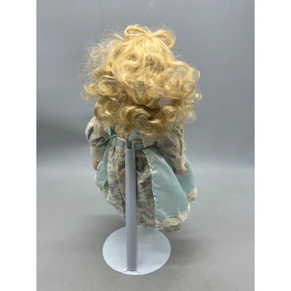 Vintage Porcelain Doll Blonde Curly Hair Blue Eyes Dress Lace Trim Figurine READ - Picture 6 of 11